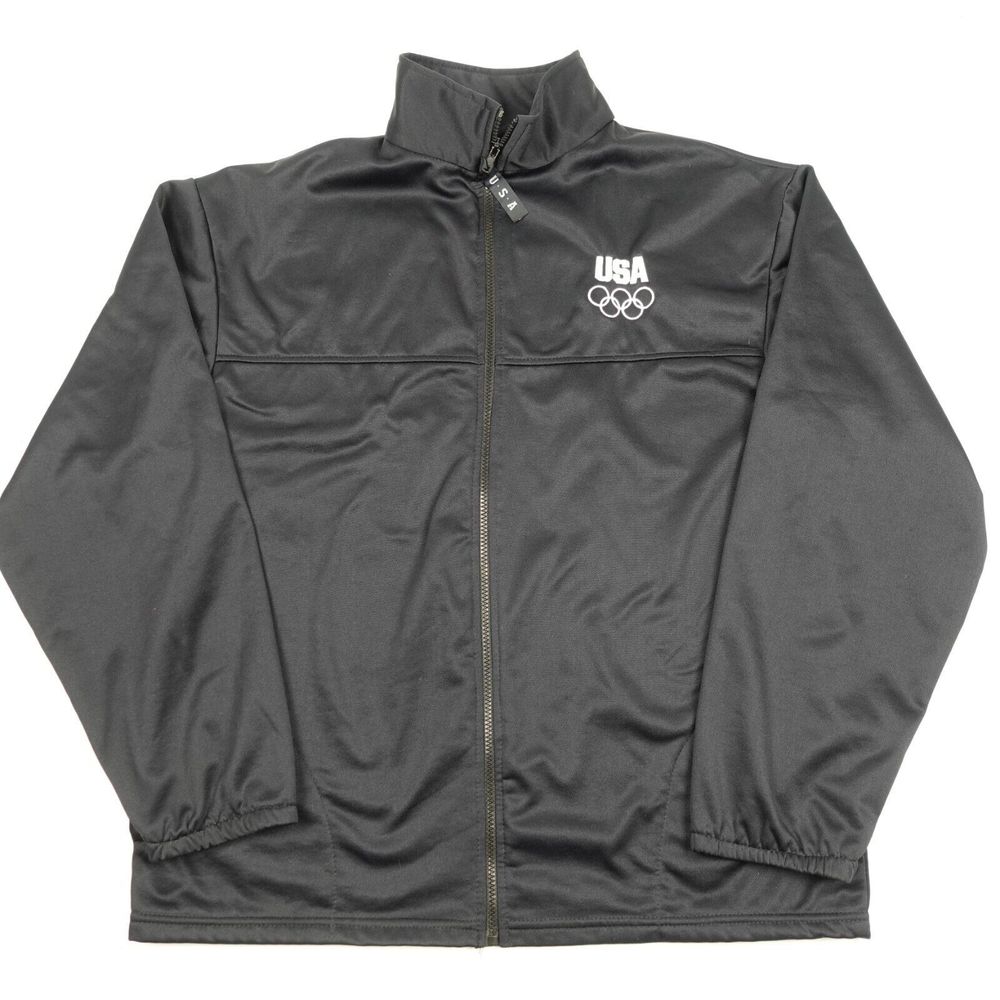 US Olympic Committee Track Jacket Adult XL Black Full Zip Fleece Lined Mock Neck
